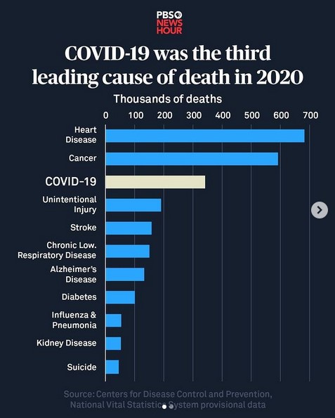 COVID-19 was the third leading cause of death in 2020.