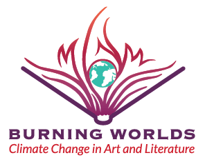 Burning Worlds-Climate Change in Art and Literature. Green earth in book of flames.