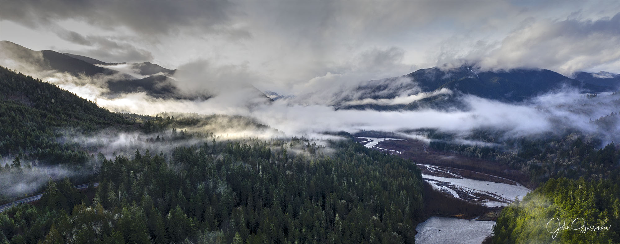 Elwha Valley, 1/13/2023, showing flooding, clouds, snowpack